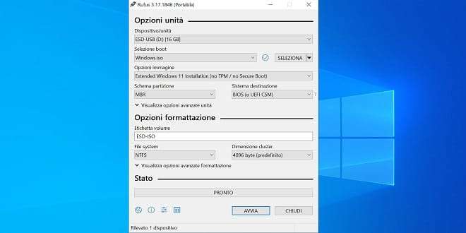 Creare supporto USB Windows 11 con Rufus